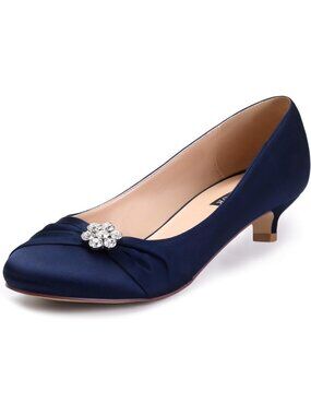 Navy Closed Toe Comfort Kitten Heels with Rhinestones for Weddings & Evenings